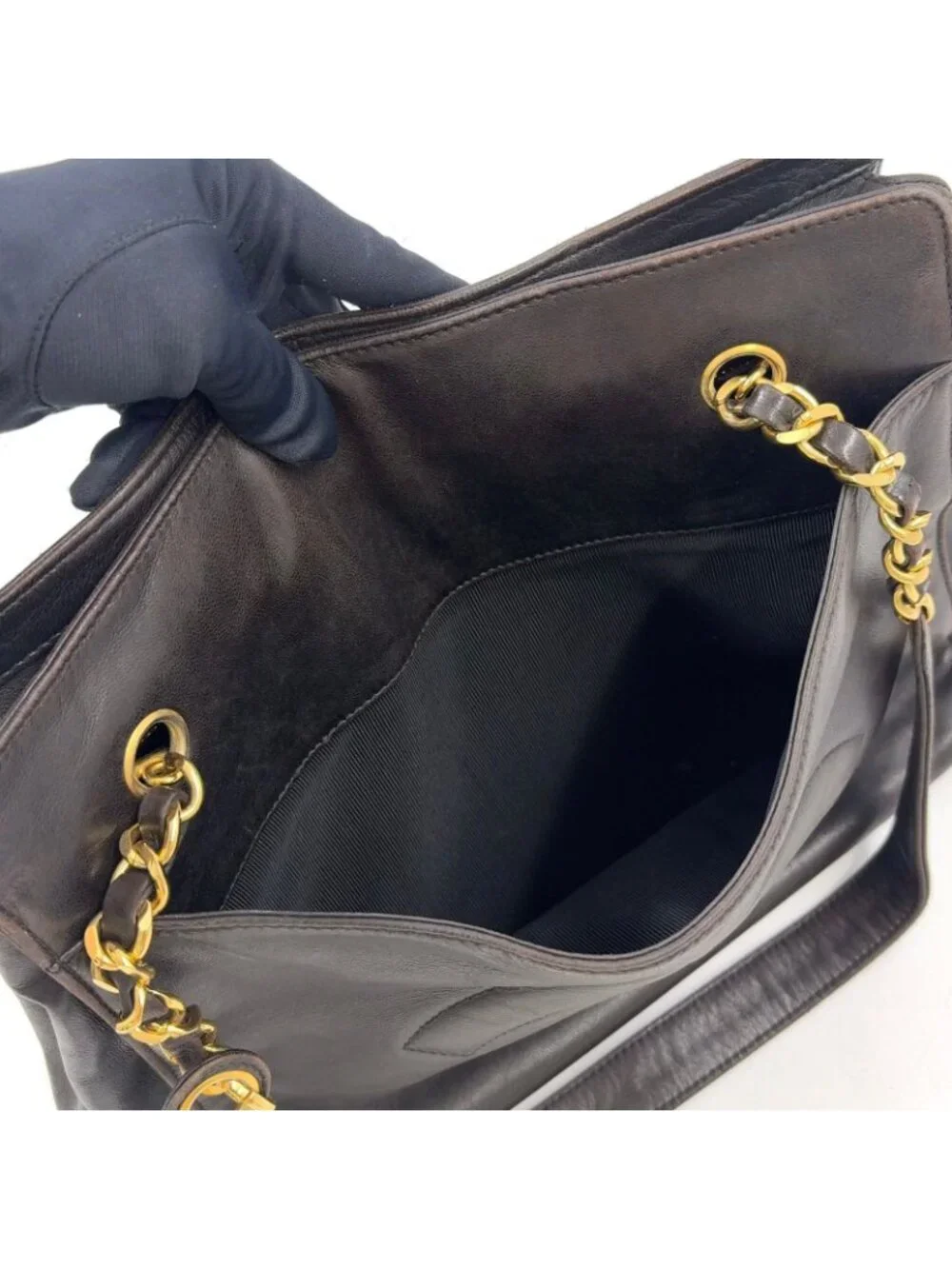 Chanel CC Logo Chain Lambskin Dark Brown Tote Bag Gold